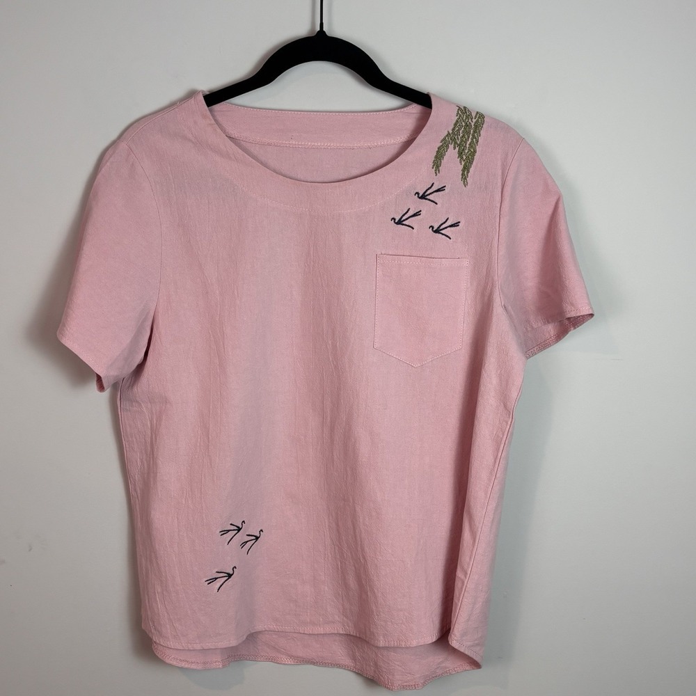 Women's 100% Cotton Pink Bird Embroidered Woven Top SZ Med Beach Summer Boho